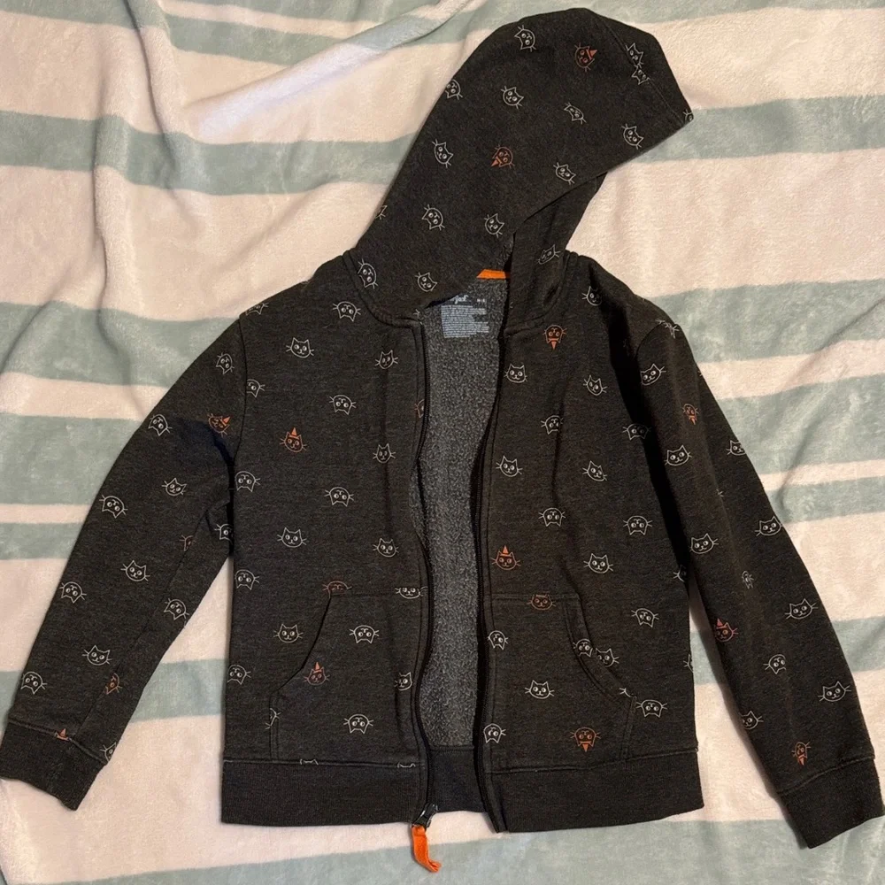 Cat & Jack Dark Gray Zip-Up Sweater with Cat Print - Picture 1 of 7